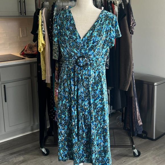 Studio I Classic Fit and Flare Dress in Blue Green Print Buckle at Waist… - Picture 1 of 9